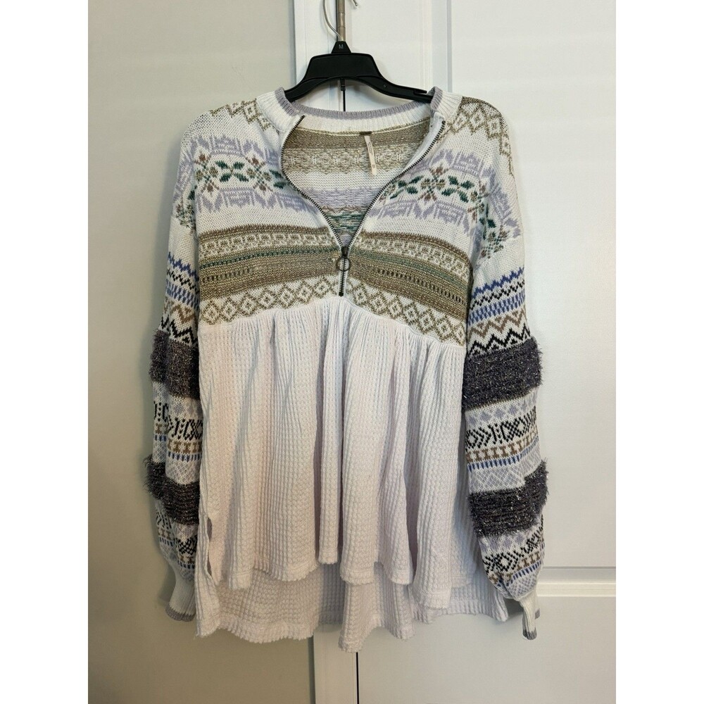 Free People Cozy Cottage Fair Isle Sweater XS White Purple Half Zip OB1010822